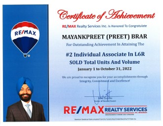Ranked #2 individual Associate Broker in L6R Area of Brampton